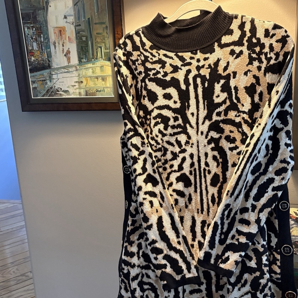 Chicos Tunic Sweater Statement Womens Large Leopard Mock Neck Cotton Cashmere‎